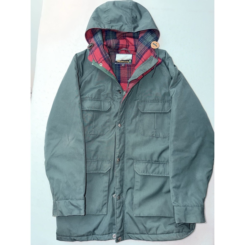 Fieldmaster Hooded Field Jacket Mens Size M Green Wool Plaid Lined Chore‎ Barn